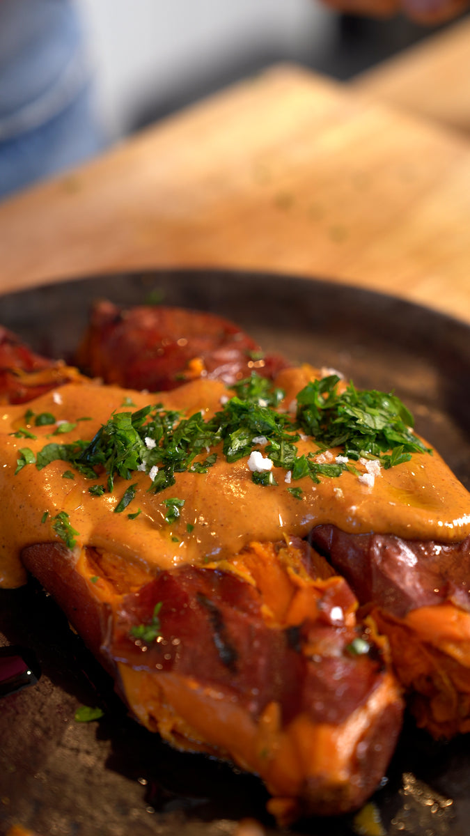 Roasted Camote with Tahini-Mole Crema – Guelaguetza