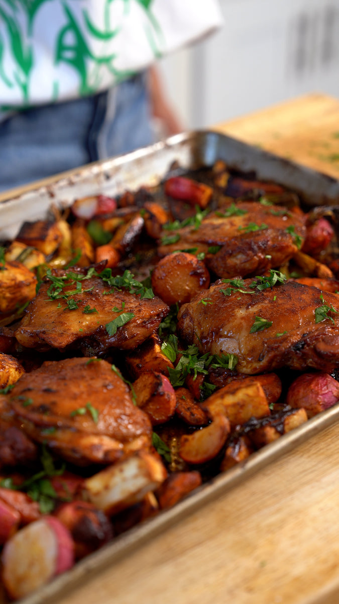 One Pan Mole-Honey Roasted Chicken Thighs with Root Vegetables – Guelaguetza
