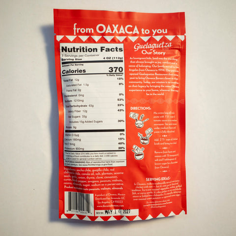 Red package with nutritional information and text on a beige background